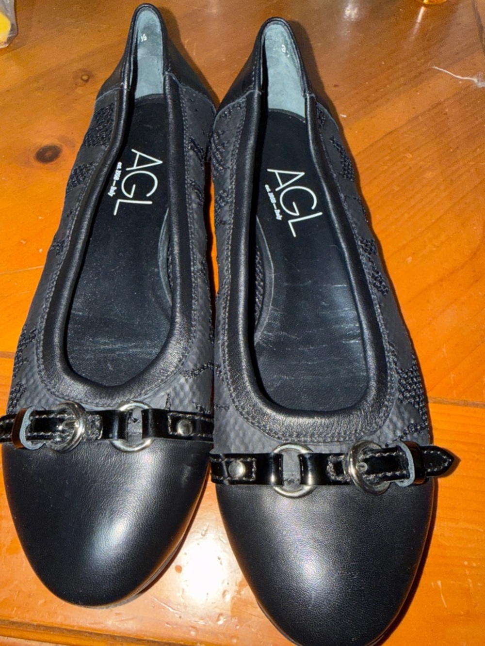 AGL Black Leather and Patent Trim Ballet Flats with Buckle Detail